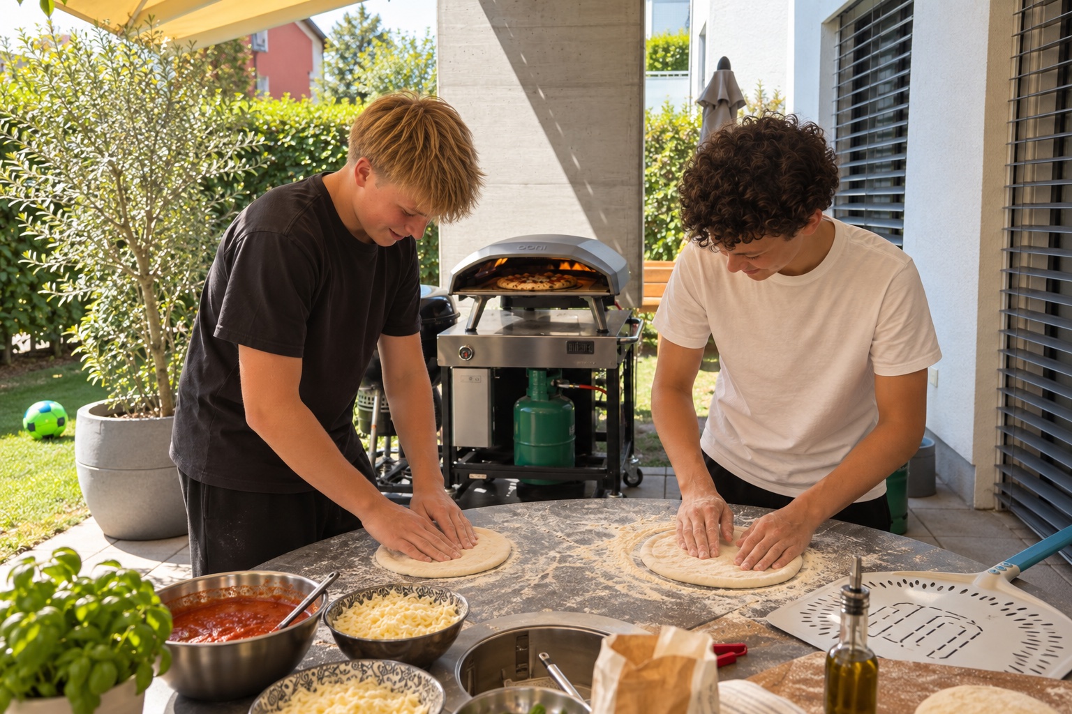 Zwei junge Pizzabäcker arbeiten gemeinsam an Teig und Pizzaofen in ihrem Garten